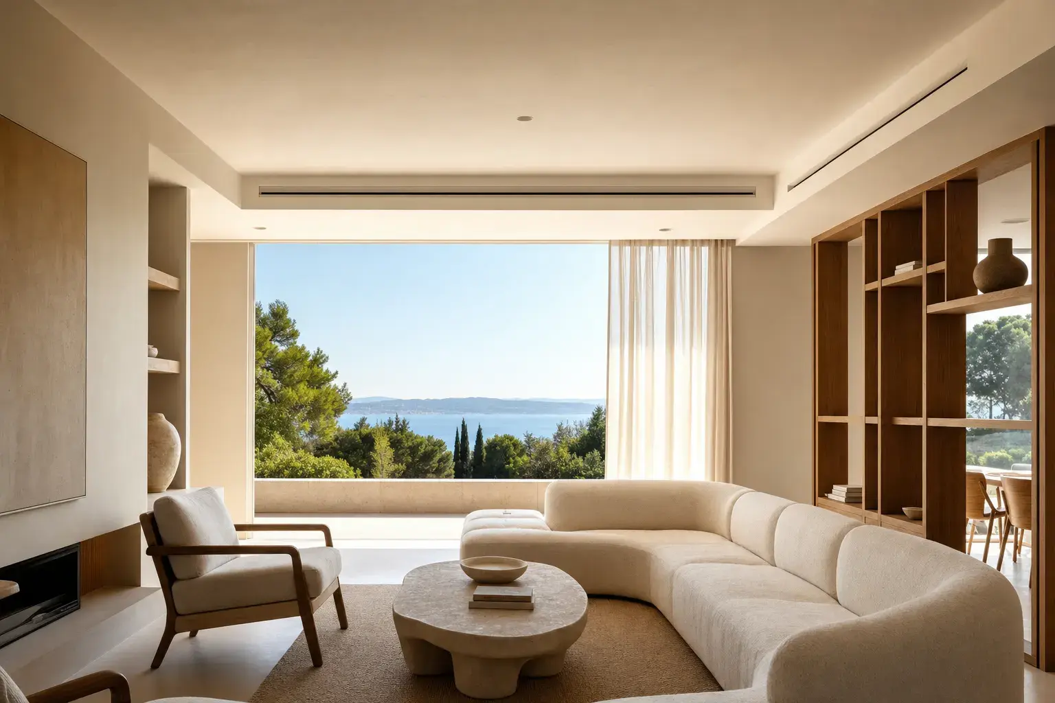 Grille linéaire discrète de climatisation gainable intégrée au plafond d'un intérieur design