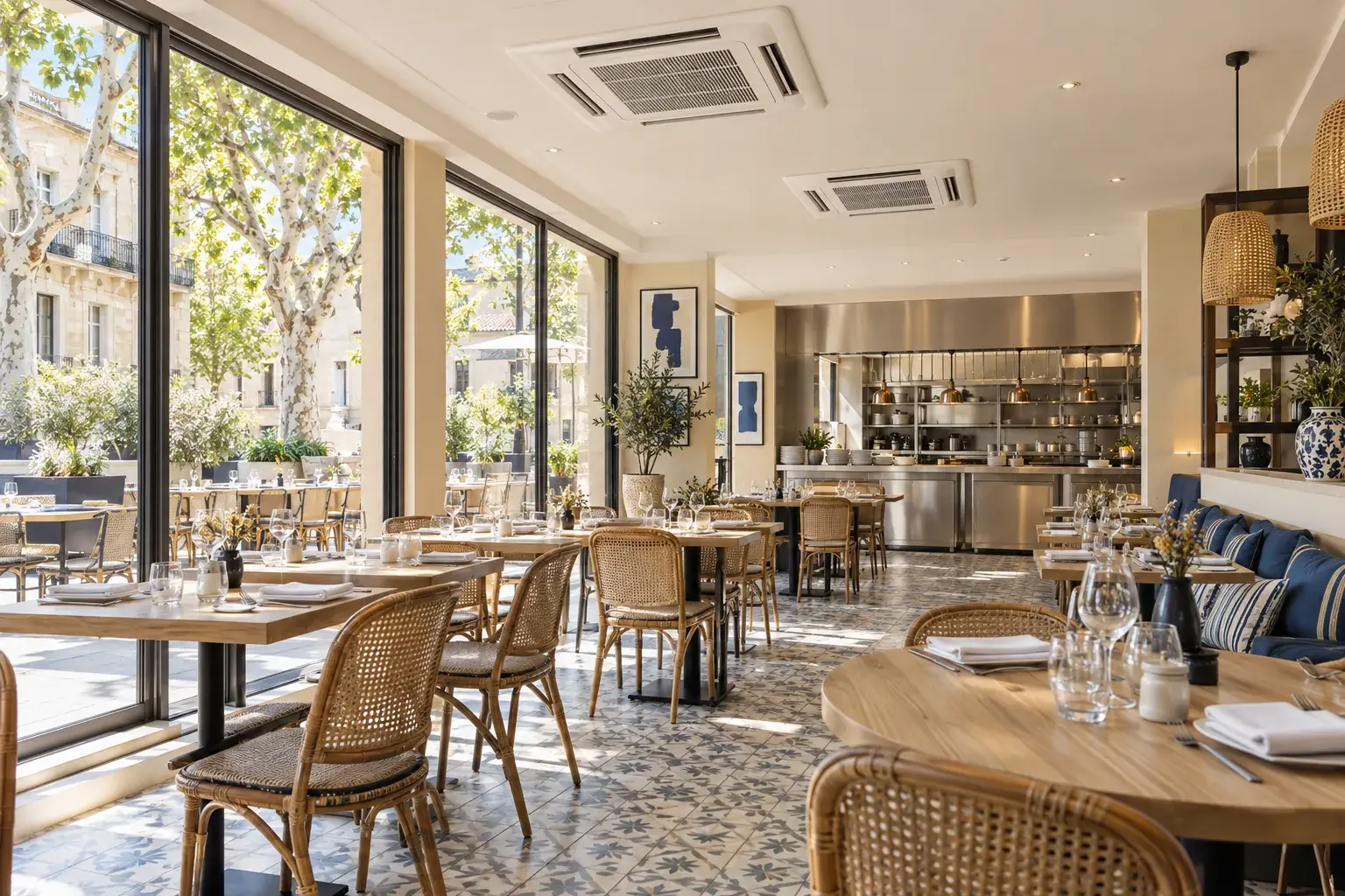 Salle de restaurant lumineuse équipée de deux cassettes de climatisation au plafond, cuisine ouverte en inox au fond